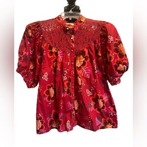 Farm Rio for Anthropologie Giustina Lace Floral Blouse